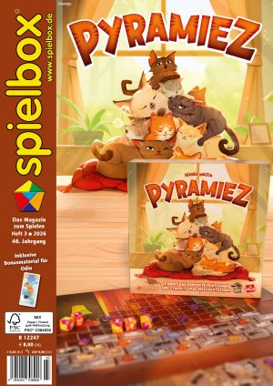 Titelbild der spielbox 4-26 mit dem Spiel "PYRAMIEZ" von "Lucky Duck"