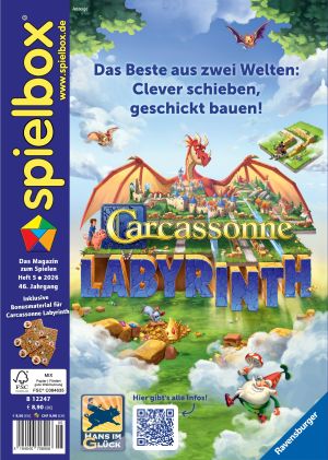 Titelbild der spielbox 5-26 mit dem Spiel "Carcassonne Labyrinth" von "Hans im Glück/Ravensburger"